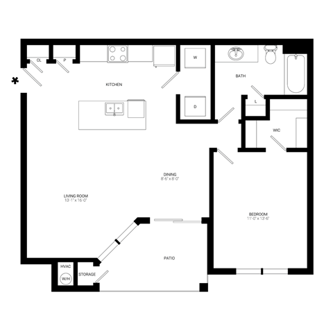 Floor plan for 1 bed, 1 bath, 849 sqft